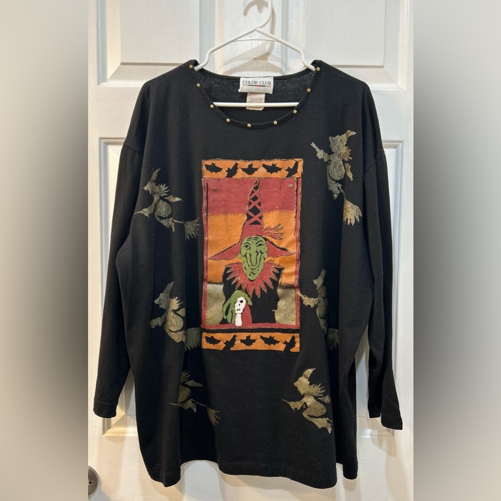Vintage Color Club Flying Witch Top Women Sz 22/24 Mature Holiday Studded USA